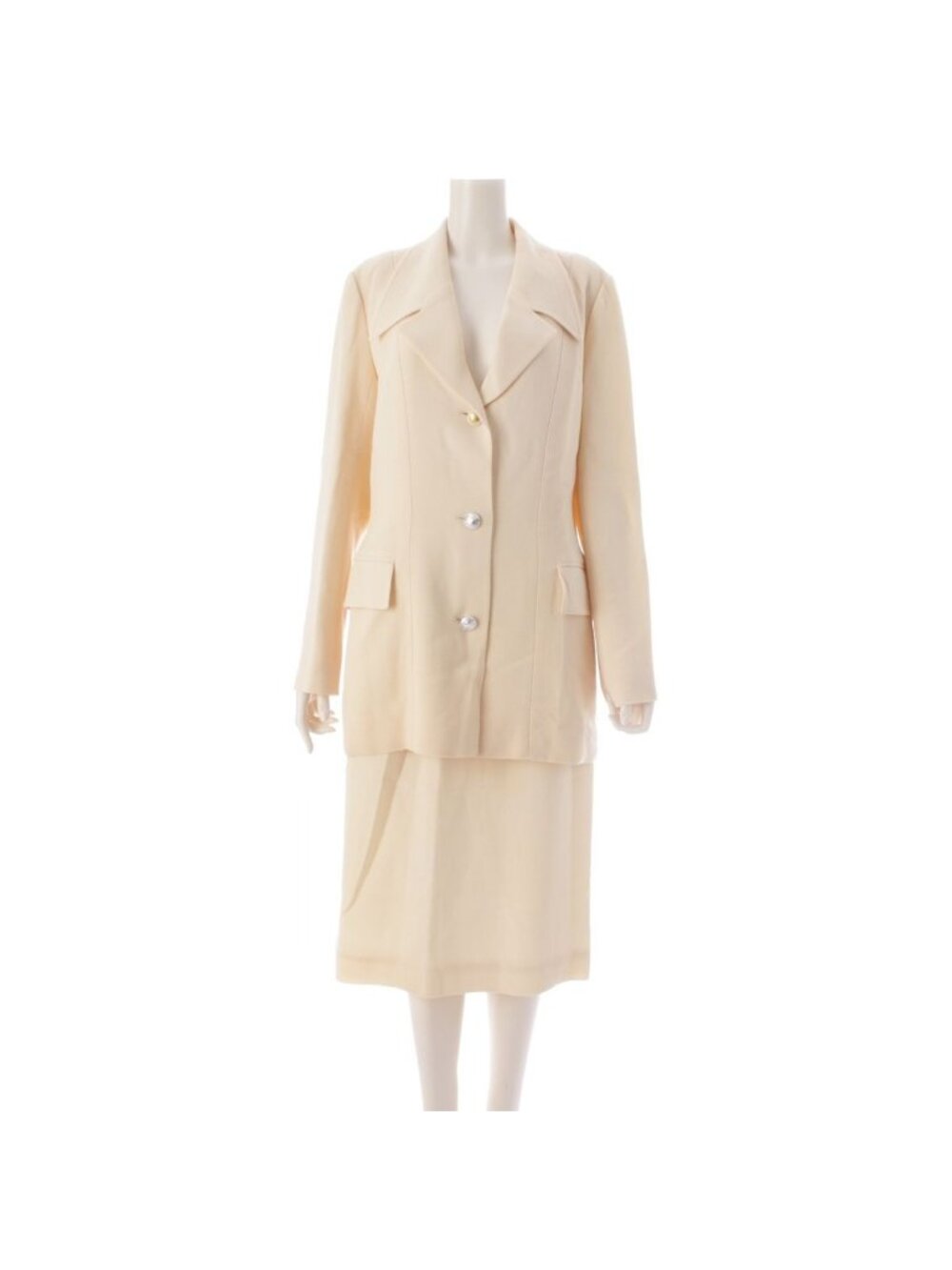 Celine Wool Vintage Triomphe Button Jacket Skirt Set Ivory 42